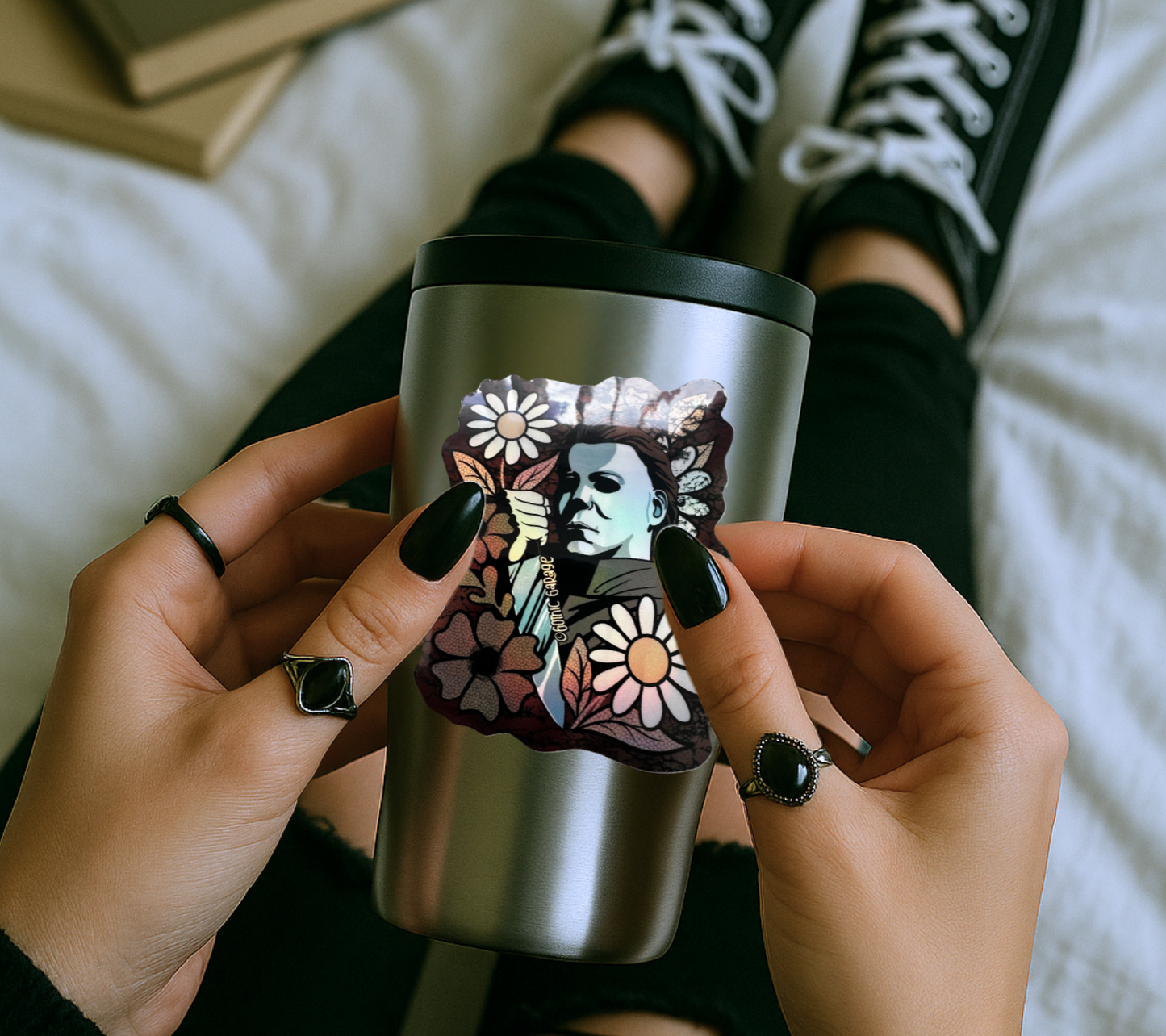 Floral Masked Horror Sticker — Creepy Cute Vinyl for Water Bottles, Laptops & Gifts