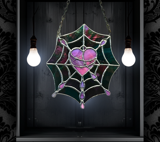 Gothic Stained Glass, Featuring a Stitched Heart and Spider Web – A Unique and Captivating Dark Decor  Wall Art & Window Sun Catcher