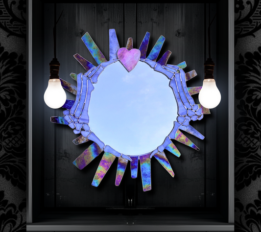 Handcrafted Stained Glass Mirror Inspired by the Florida Sunshine, Featuring Skeleton Hands – A Unique and Captivating Gothic Wall Art Piece