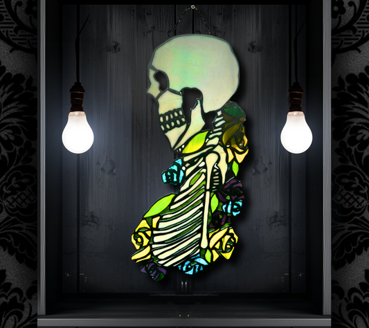 Stained Glass Skeleton Death By Flowers, Gothic Wall Hangings, Window Sun Catcher for the Perfect One-of-a-Kind Piece of Art