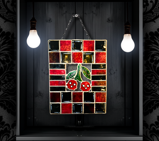 Stained Glass Cherry Skull Checkerboard, Gothic Wall Hangings, Window Sun Catcher for the Perfect One-of-a-Kind Piece of Art