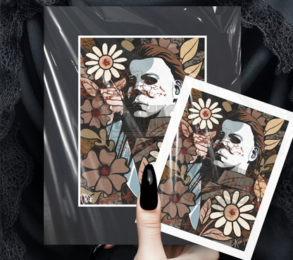80s Slasher Mask Art Print – Retro Horror Portrait with Floral Overlay