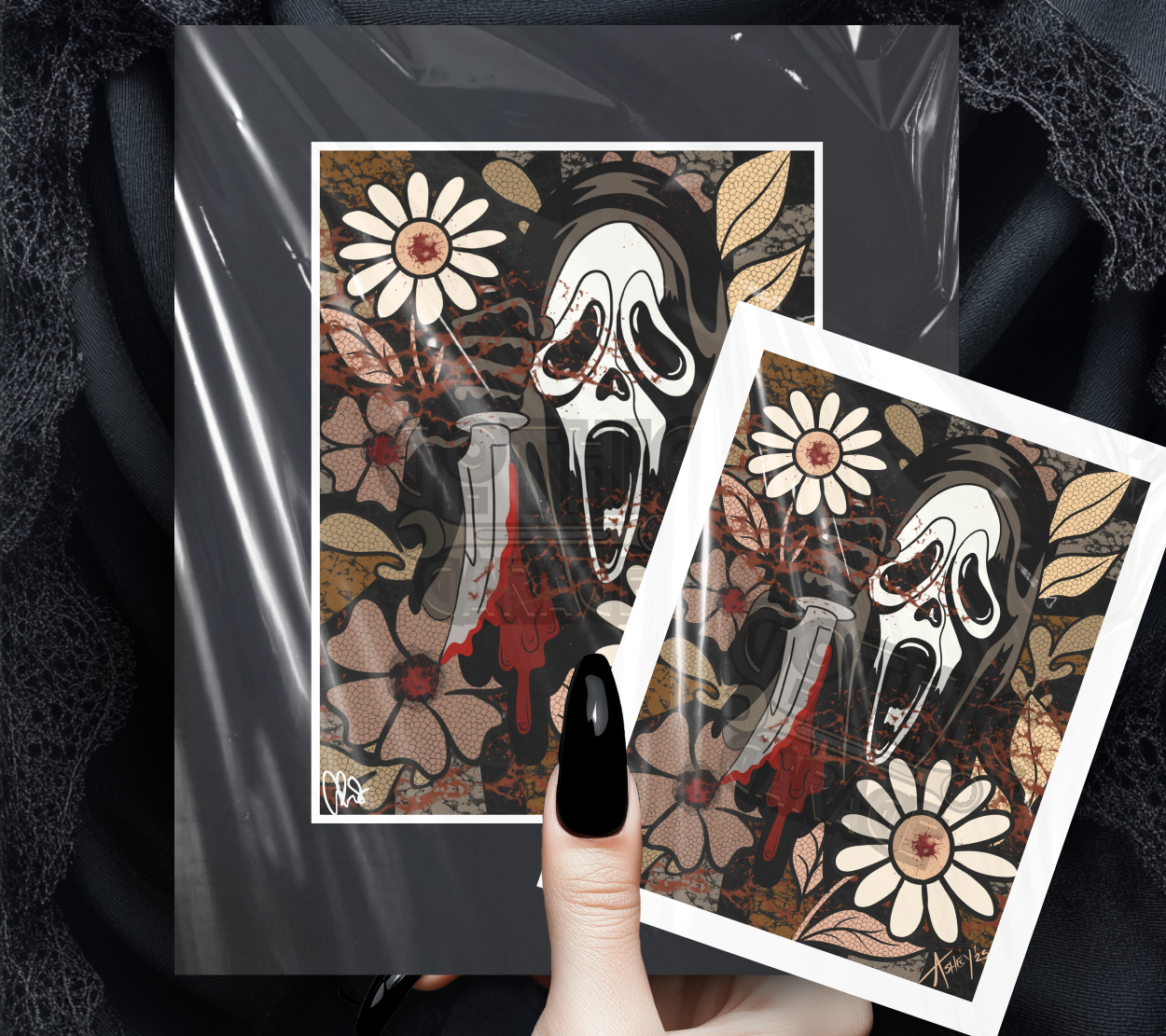 90s Slasher Scream Art Print – Ghost Face Style Horror with Floral Twist