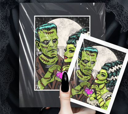 Retro Monster Couple Art Print – Gothic Romance Horror Wall Decor