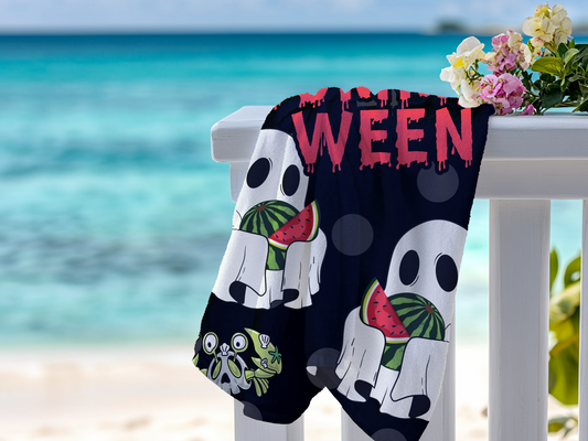 Summerween Ghost with Watermelon & Cute Spooky Crab Beach Towel