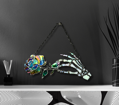 Stained Glass Skeleton Death Rose, Gothic Wall Hangings, Window Sun Catcher for the Perfect One-of-a-Kind Piece of Art