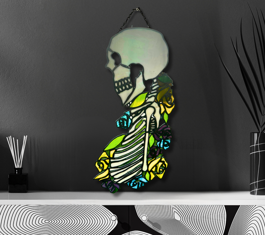 Stained Glass Skeleton Death By Flowers, Gothic Wall Hangings, Window Sun Catcher for the Perfect One-of-a-Kind Piece of Art