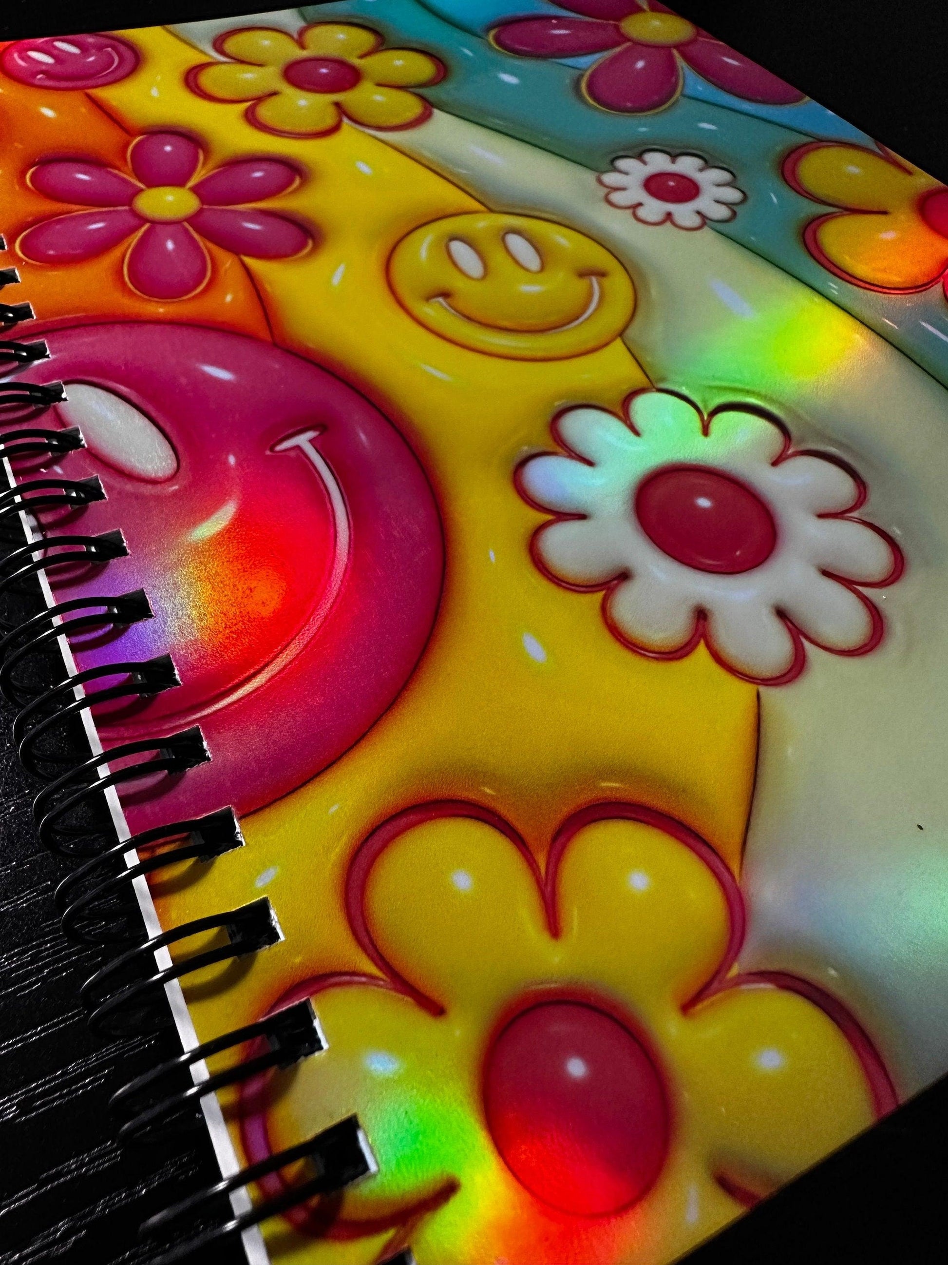 Spiral Notebook Journal: Retro Smiles & Flowers Holographic Notebook for Daily Notes, Diary or Personal Organizer