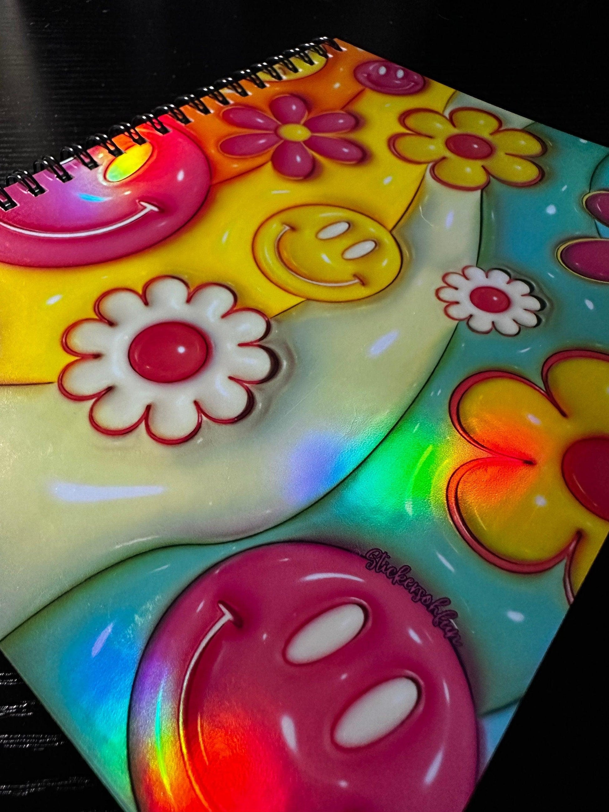 Spiral Notebook Journal: Retro Smiles & Flowers Holographic Notebook for Daily Notes, Diary or Personal Organizer