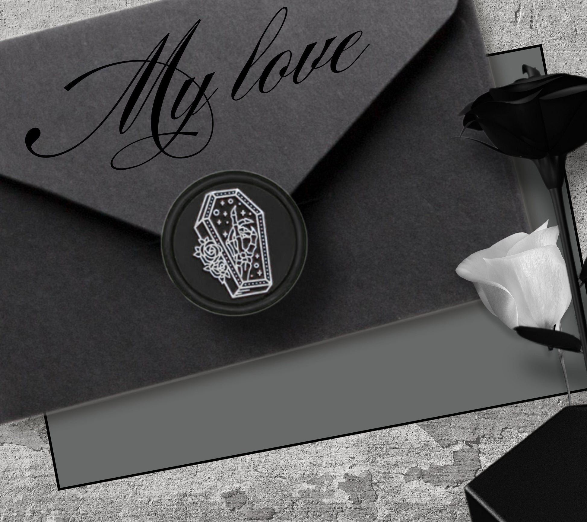 Gothic Rose Coffin Soy Wax Seal Sticker, Handpoured & Stamped, Elegant Addition for Gothic Wedding Envelopes and Invitations