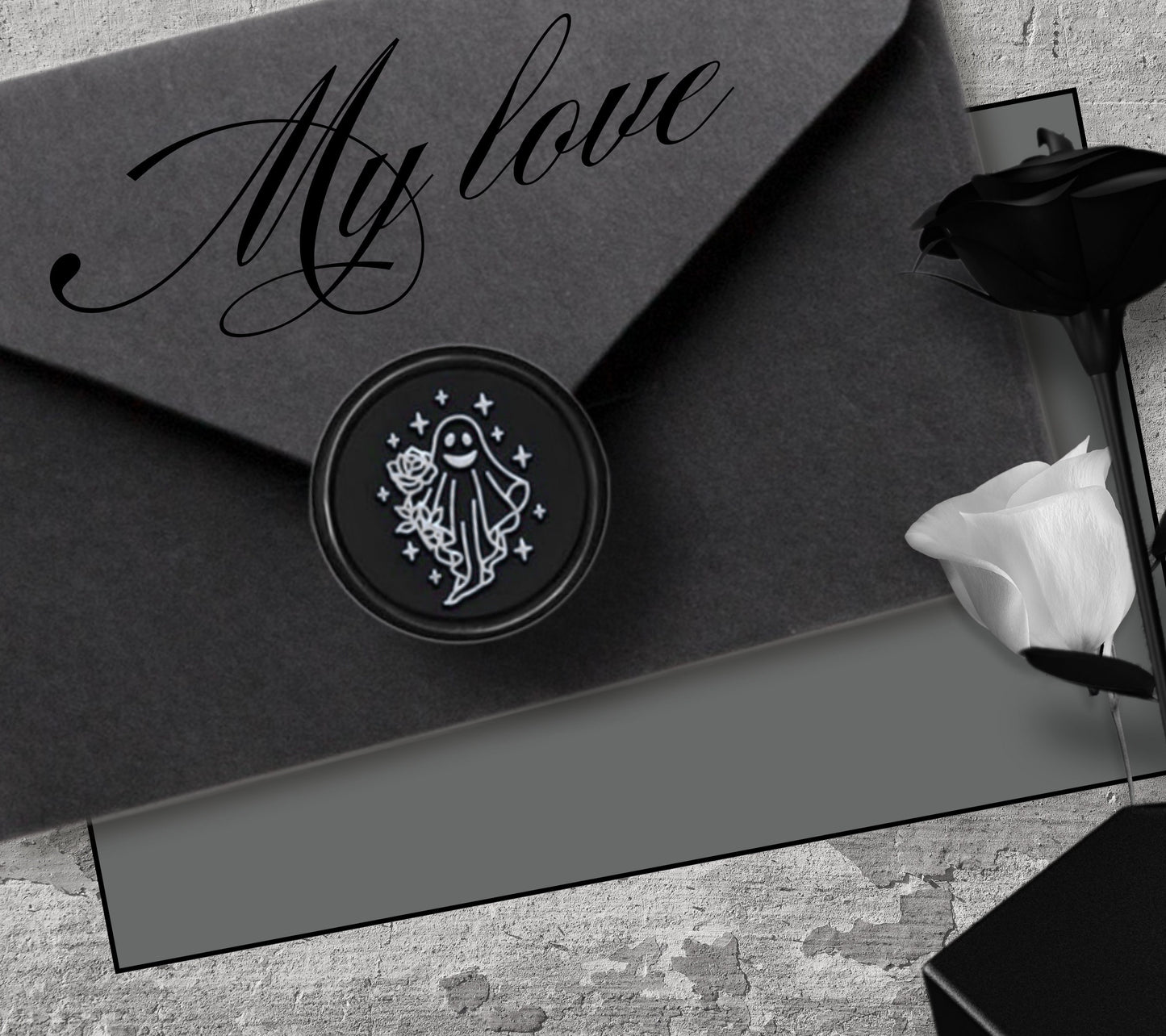 Gothic Rose Ghost Soy Wax Seal Sticker, Handpoured & Stamped, Elegant Addition for Gothic Wedding Envelopes and Invitations