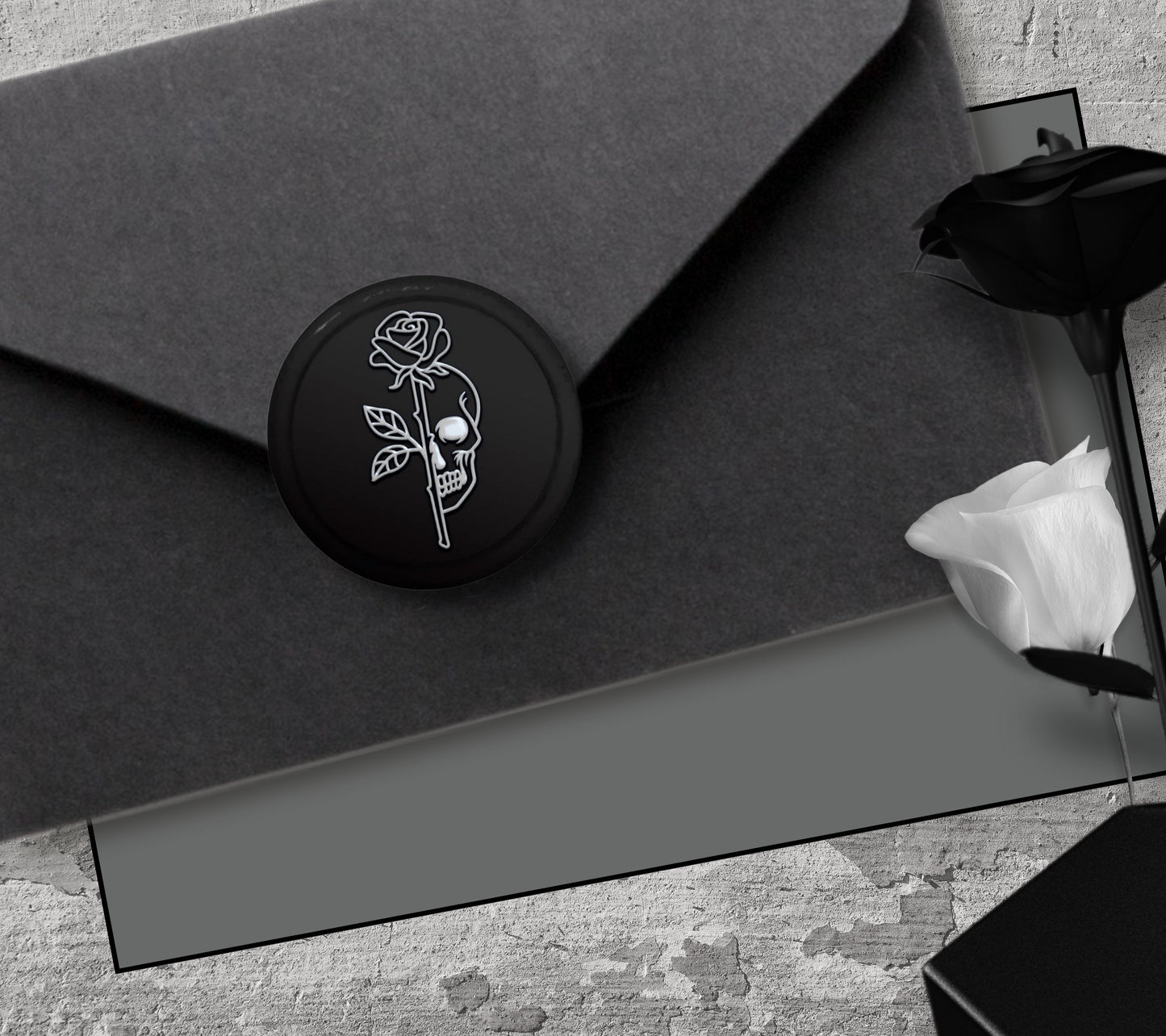 Gothic Half Skull Rose Soy Wax Seal Sticker, Handpoured & Stamped, Elegant Addition for Gothic Wedding Envelopes and Invitations