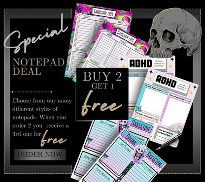 Gothic Kawaii Skeleton Honey Bee Notepad, “Let’s Bee Productive” Goth Stationery for Taking Notes or Task Management