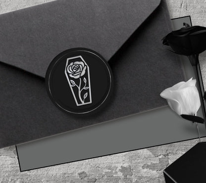 Coffin Rose Gothic Soy Wax Seal Sticker, Handpoured & Stamped, Elegant Addition for Gothic Wedding Envelopes and Invitations