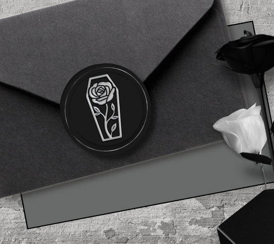 Coffin Rose Gothic Soy Wax Seal Sticker, Handpoured & Stamped, Elegant Addition for Gothic Wedding Envelopes and Invitations