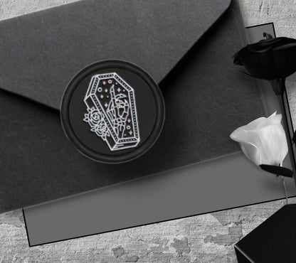 Gothic Rose Coffin Soy Wax Seal Sticker, Handpoured & Stamped, Elegant Addition for Gothic Wedding Envelopes and Invitations