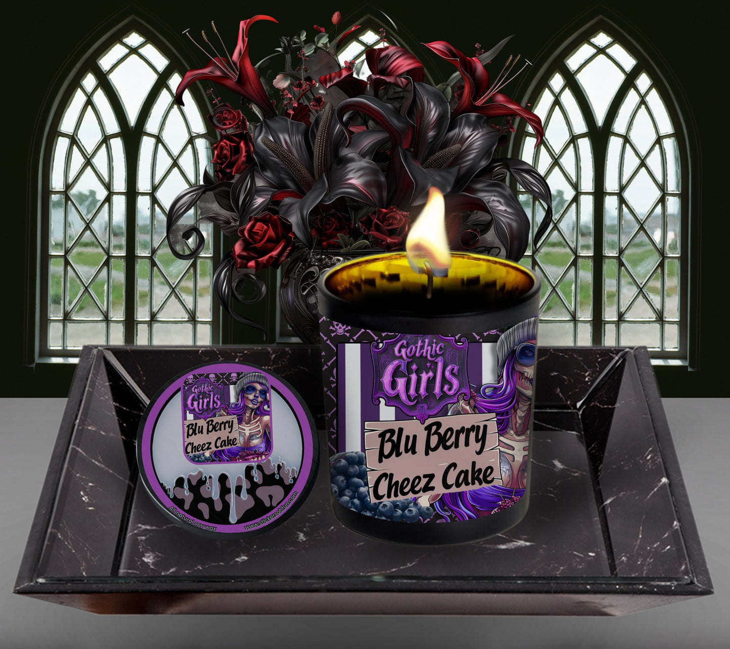 Blueberry Cheesecake Gothic Candle Perfect for Dark Home Decor & Unique Goth Gifts, Intricately Designed for a Mysterious Modern Ambiance