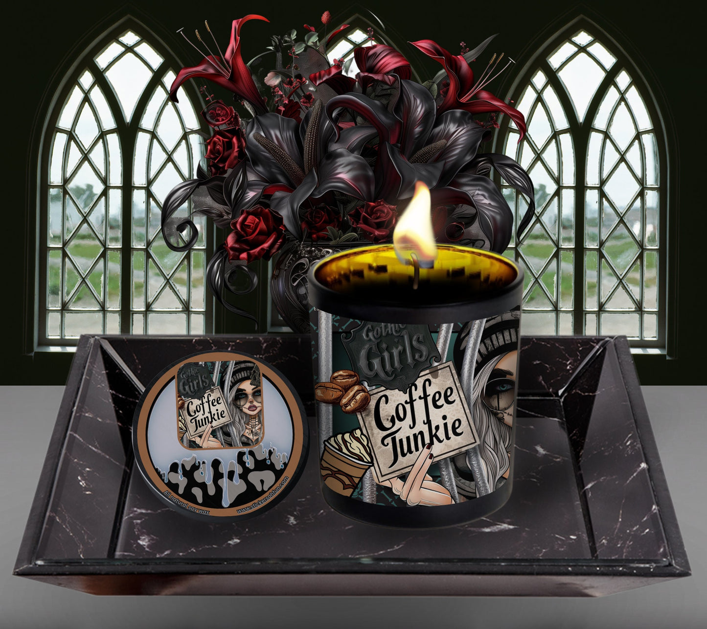 Coffee Shop Junkie Gothic Candle Perfect for Dark Home Decor & Unique Goth Gifts, Intricately Designed for a Mysterious Modern Ambiance