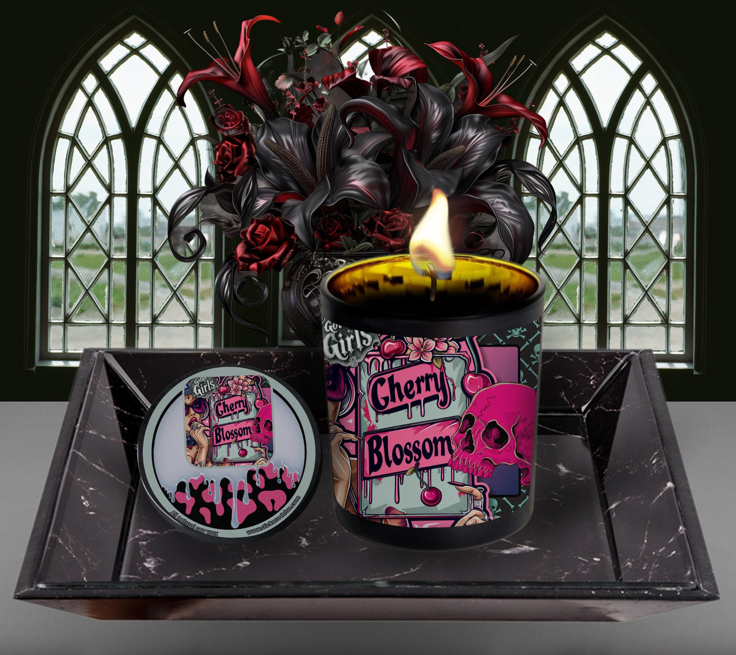 Japanese Cherry Blossom Gothic Candle Perfect for Dark Home Decor & Unique Goth Gifts, Intricately Designed for a Mysterious Modern Ambiance