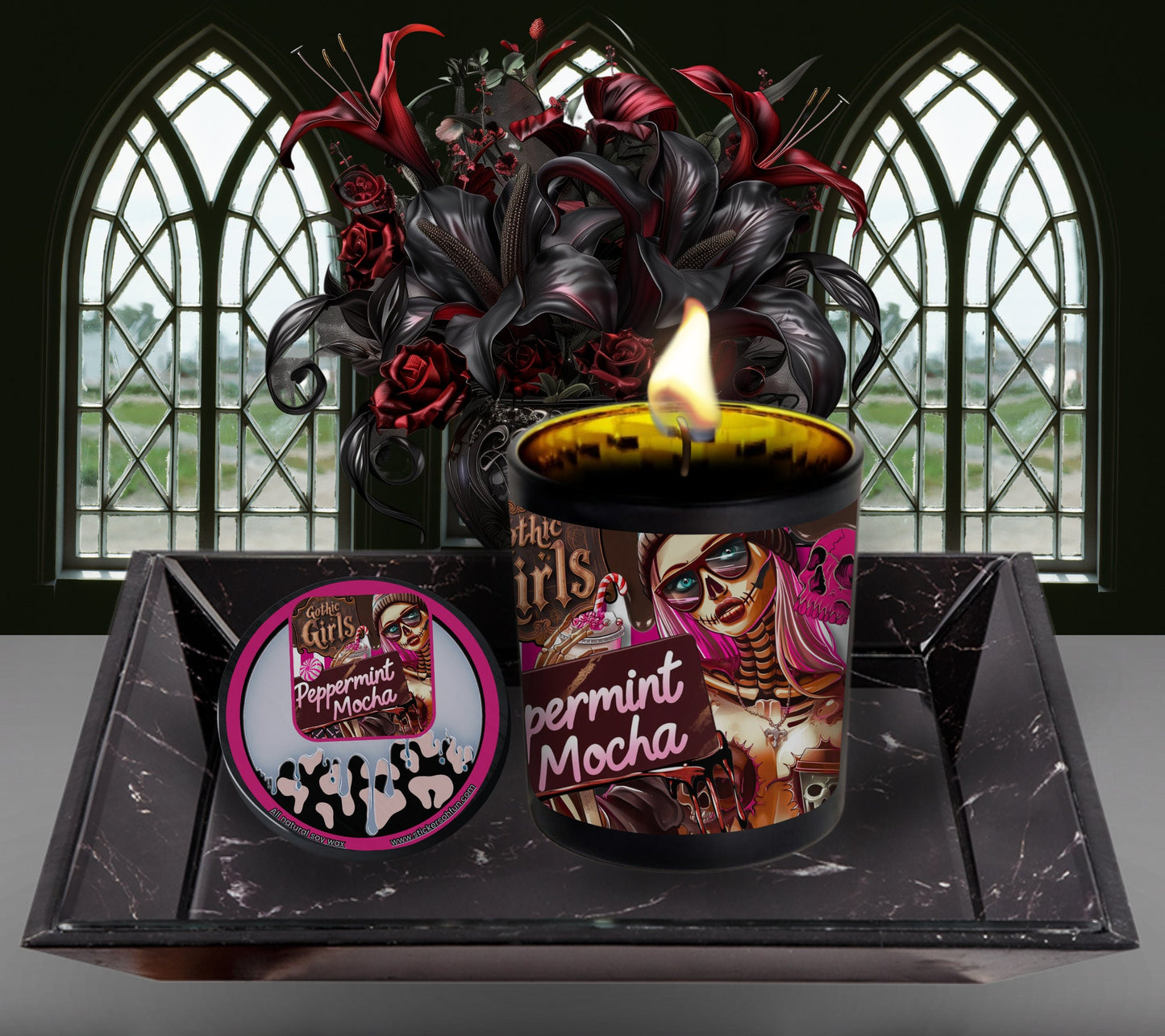 Peppermint Mocha Gothic Candle Perfect for Dark Home Decor & Unique Goth Gifts, Intricately Designed for a Mysterious Modern Ambiance