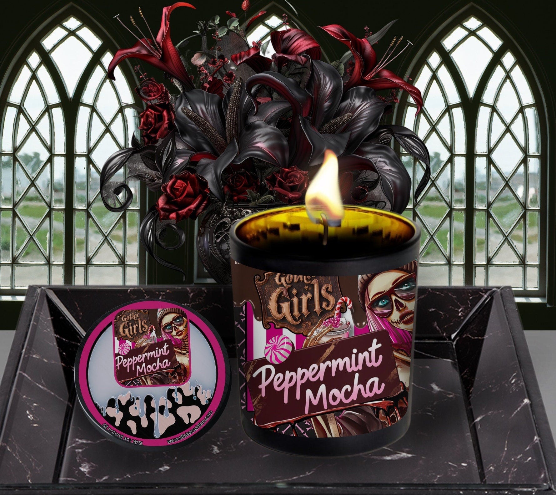 Peppermint Mocha Gothic Candle Perfect for Dark Home Decor & Unique Goth Gifts, Intricately Designed for a Mysterious Modern Ambiance