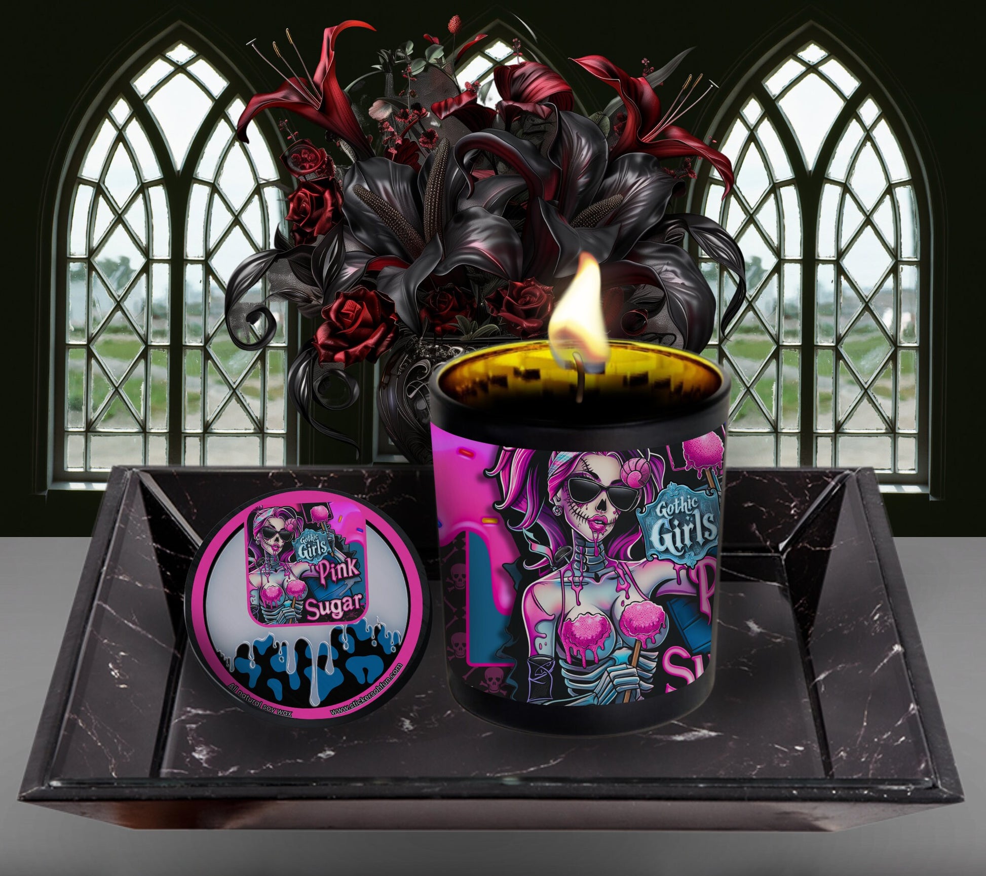 Pink Sugar Gothic Candle Perfect for Dark Home Decor & Unique Goth Gifts, Intricately Designed for a Mysterious Modern Ambiance