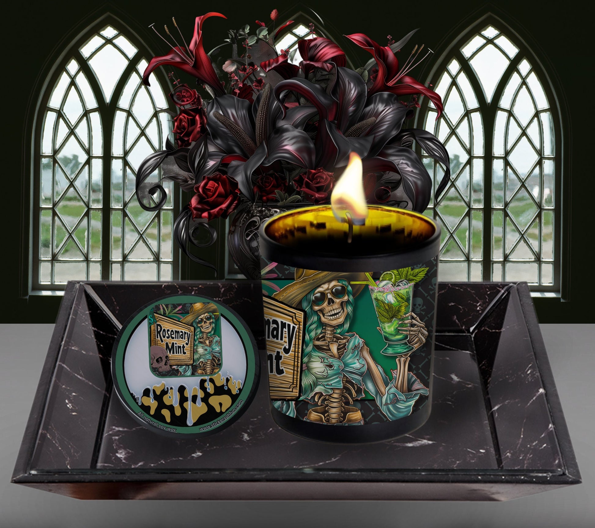 Rosemary Mint Gothic Candle Perfect for Dark Home Decor & Unique Goth Gifts, Intricately Designed for a Mysterious Modern Ambiance