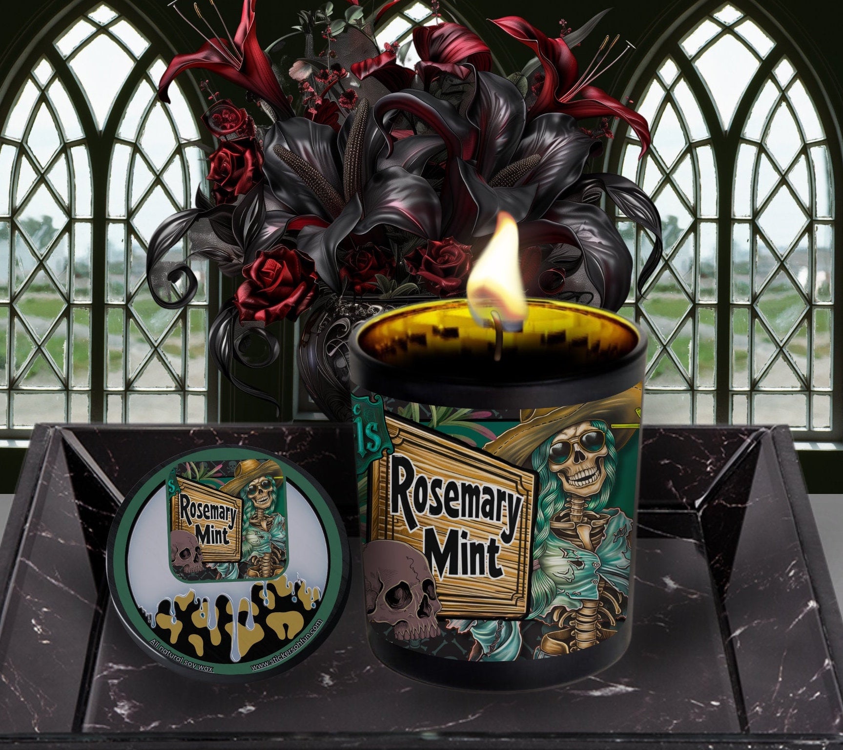 Rosemary Mint Gothic Candle Perfect for Dark Home Decor & Unique Goth Gifts, Intricately Designed for a Mysterious Modern Ambiance