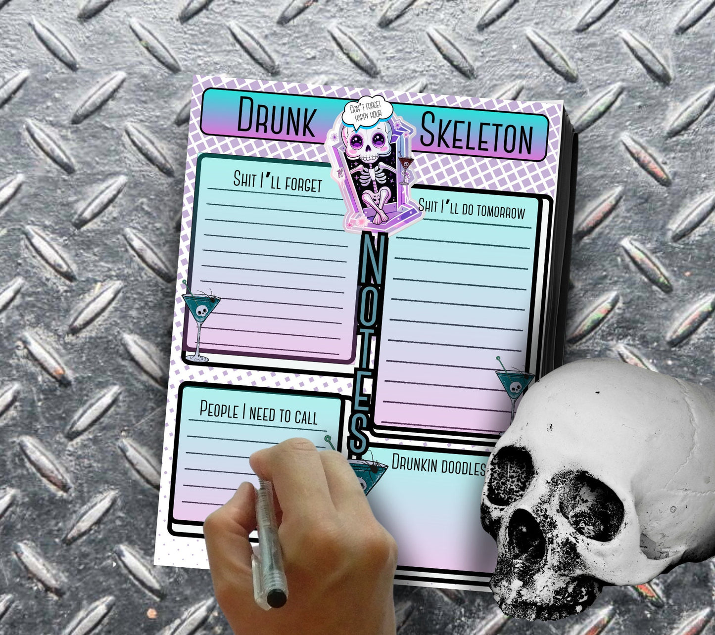 Gothic Kawaii Drunk Skeleton Notepad, Goth Stationery for Taking Notes or Task Management, Perfect Personalized Birthday Gift