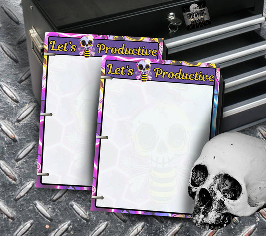 Gothic Kawaii Skeleton Honey Bee Notepad, “Let’s Bee Productive” Goth Stationery for Taking Notes or Task Management