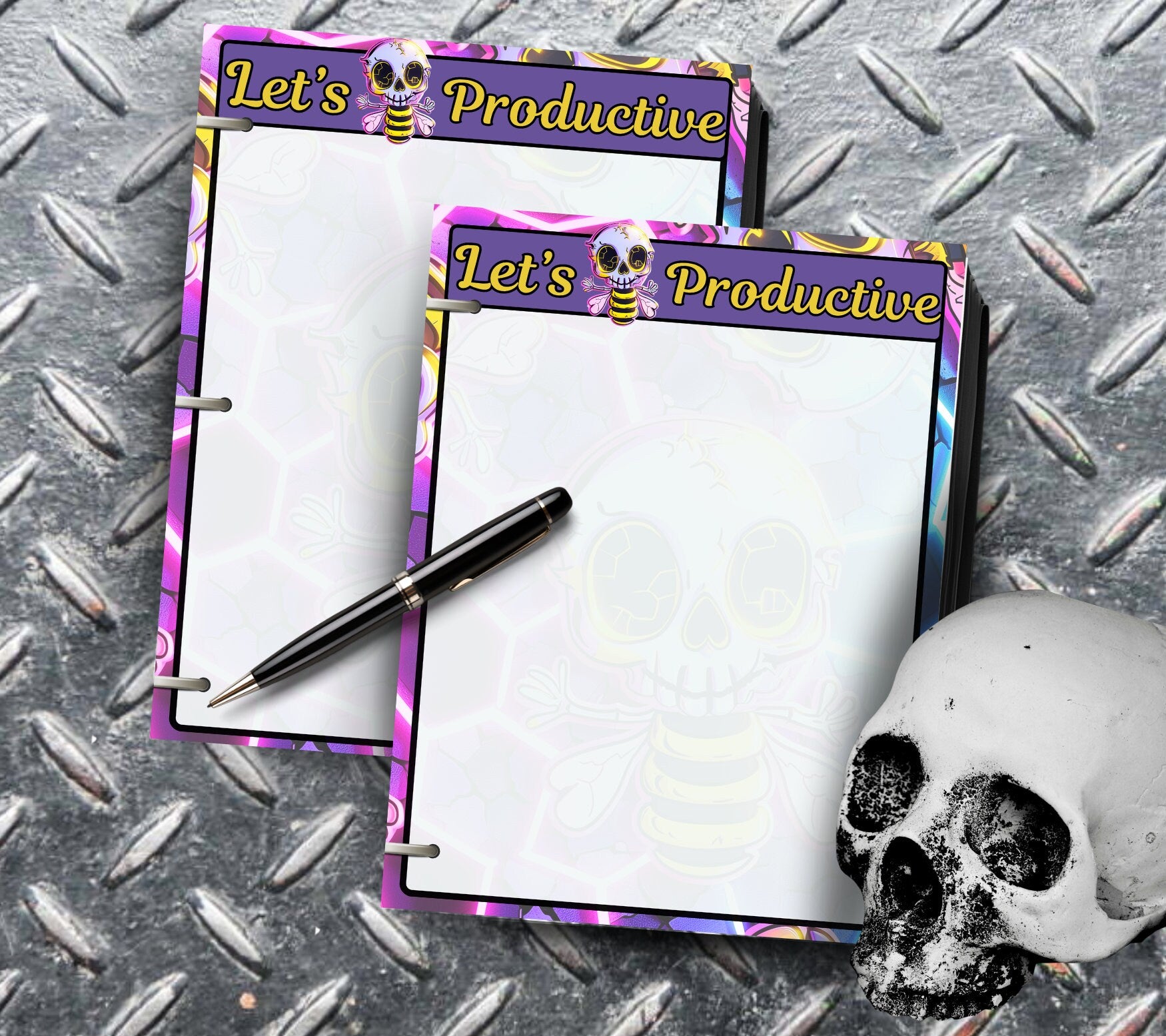 Gothic Kawaii Skeleton Honey Bee Notepad, “Let’s Bee Productive” Goth Stationery for Taking Notes or Task Management