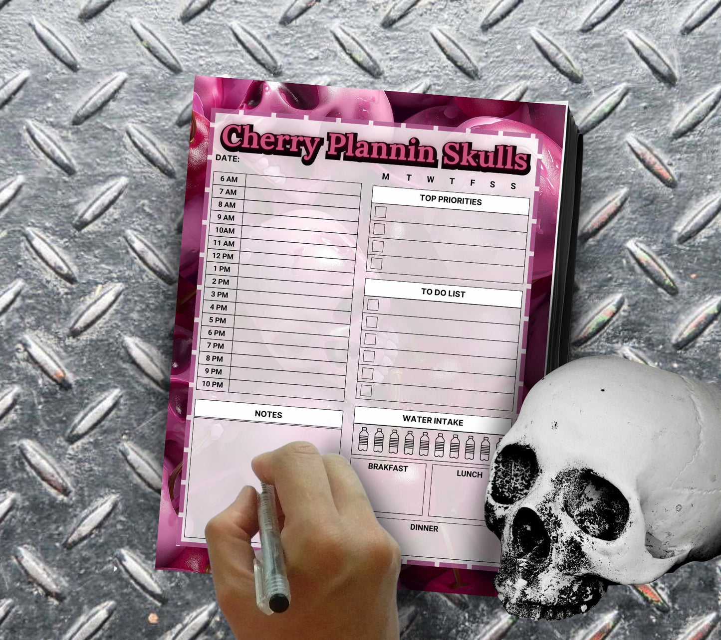 Gothic Skull Cherry Daily Planning Notepad, Goth Stationery for Taking Notes or Task Management, Perfect Personalized Birthday Gift