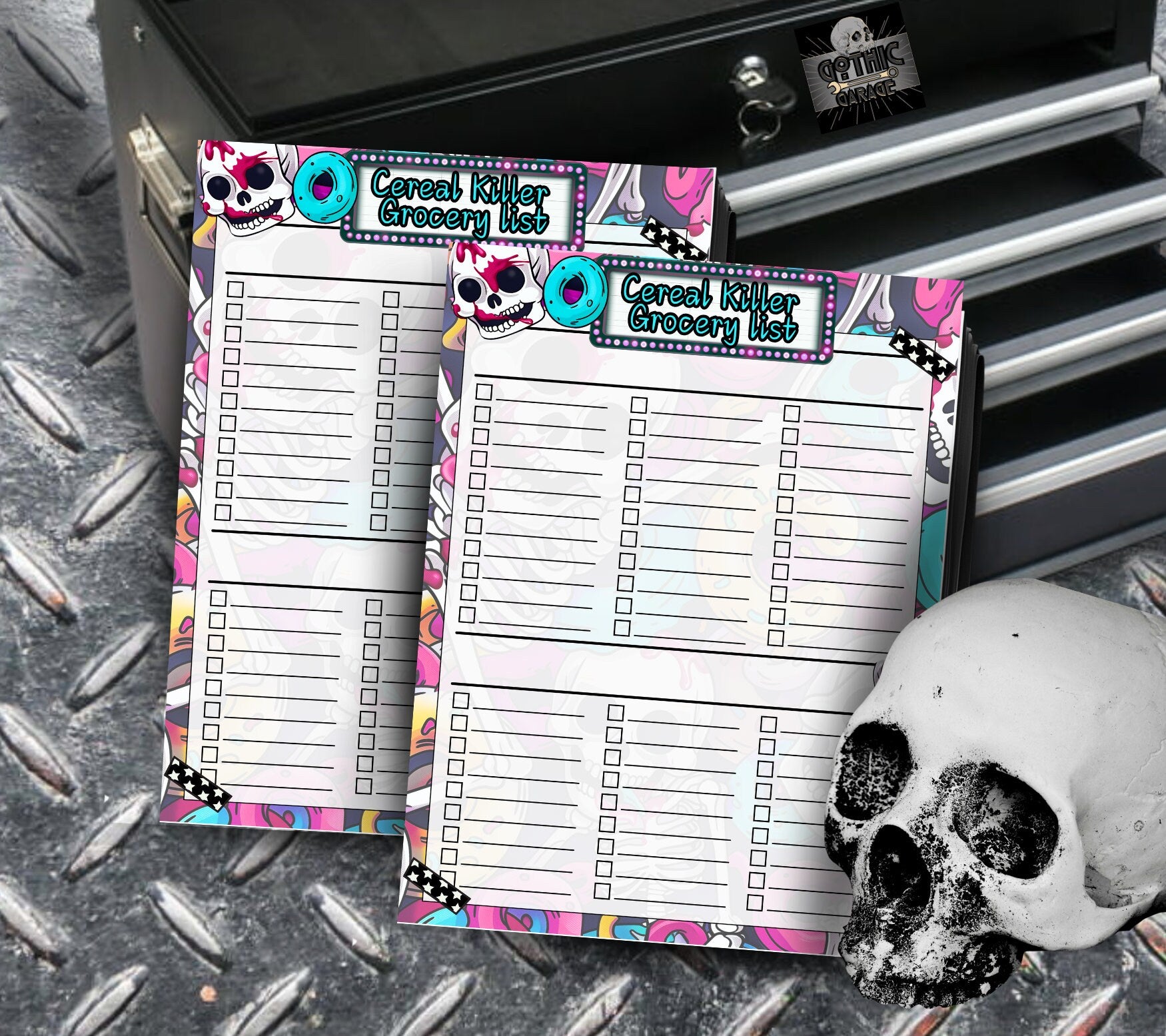 Kawaii Skeletons Grocery List, Blank “Cereal Killer” Gothic Shopping Organization Notepad, 50 Tear Off Sheets