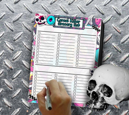 Kawaii Skeletons Grocery List, Blank “Cereal Killer” Gothic Shopping Organization Notepad, 50 Tear Off Sheets