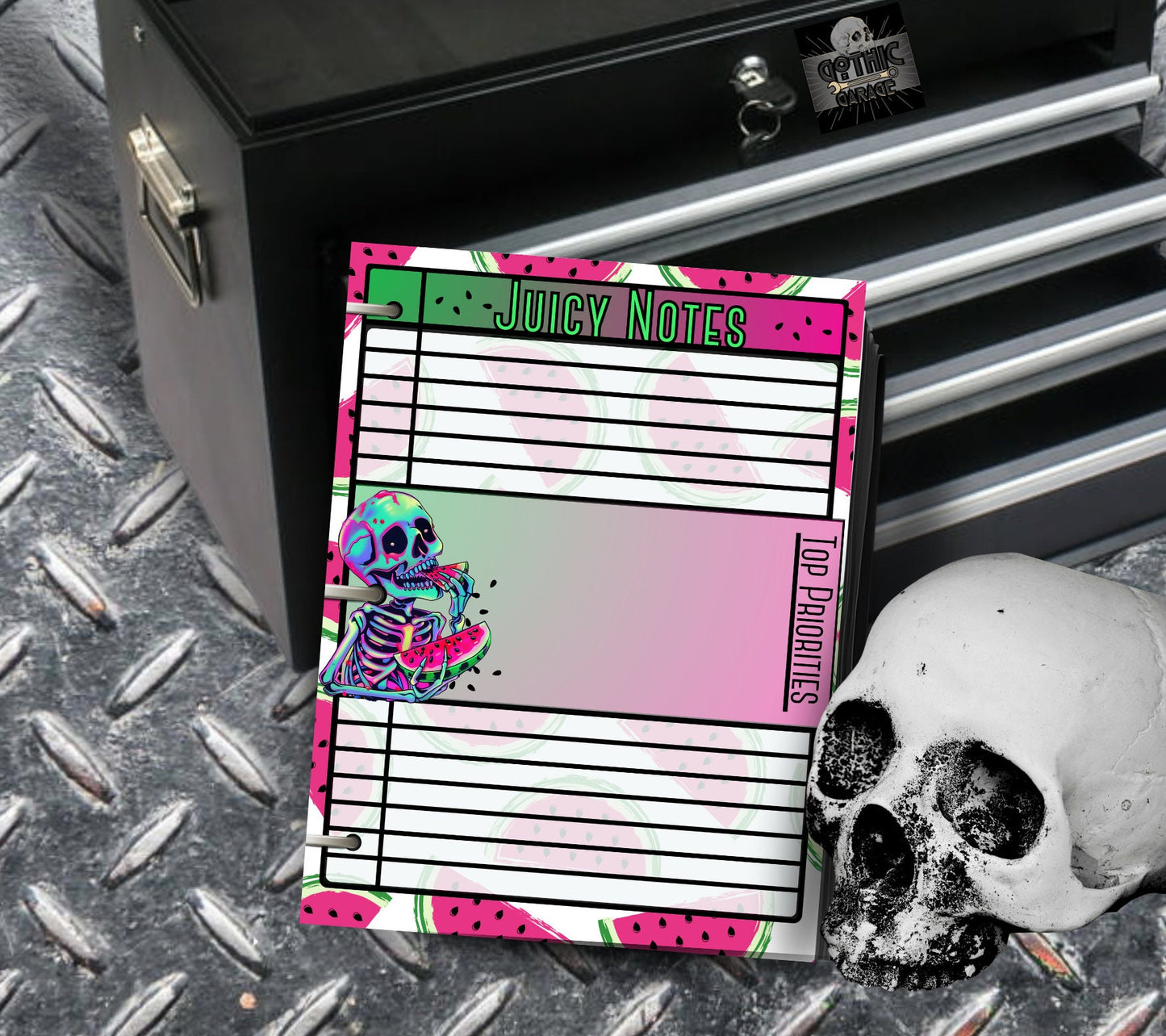 Kawaii Watermelon Skeleton Notepad, Gothic Memos of “Juicy Notes”, Goth Stationery for Taking Notes or Task Management