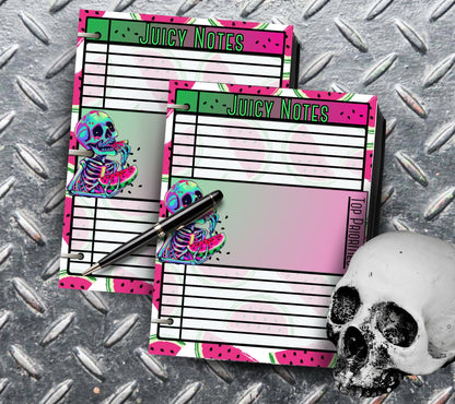 Kawaii Watermelon Skeleton Notepad, Gothic Memos of “Juicy Notes”, Goth Stationery for Taking Notes or Task Management