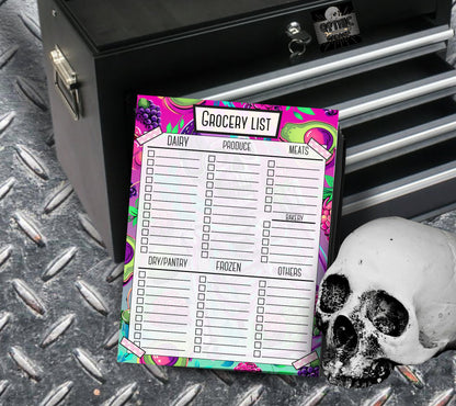 Skull Fruits Grocery List, Shopping Organization Notepad, Goth Stationery for Grocery Store Management