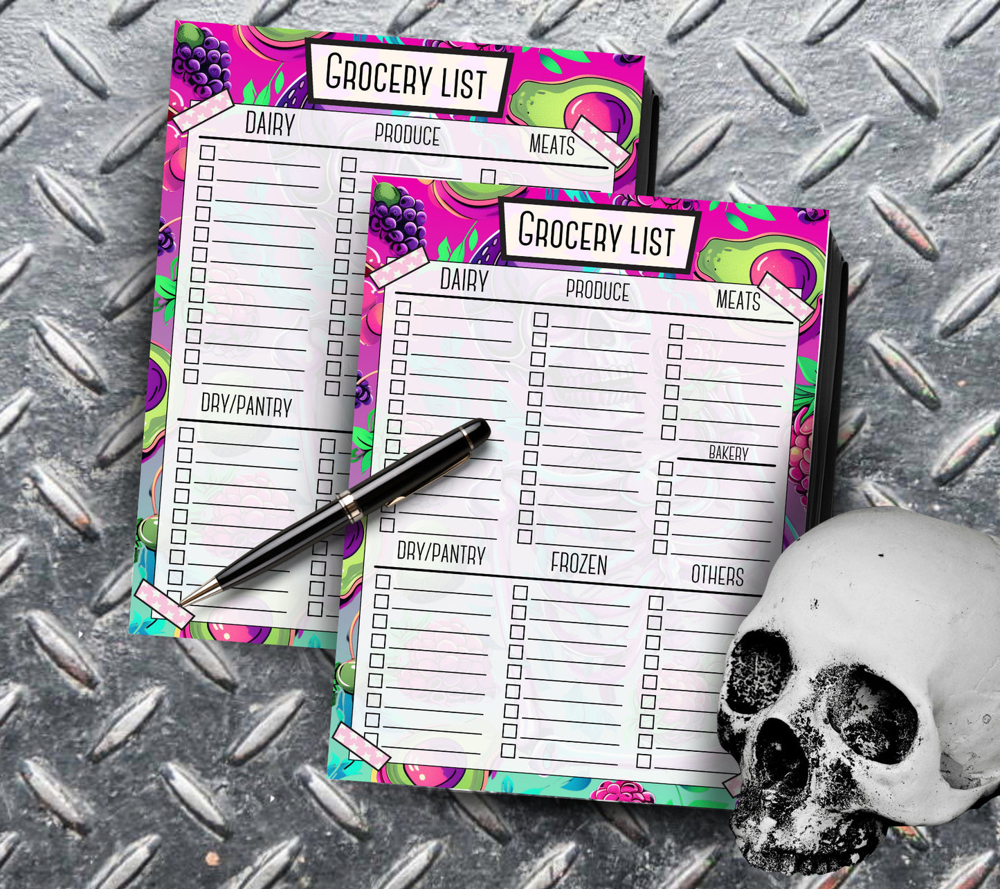 Skull Fruits Grocery List, Shopping Organization Notepad, Goth Stationery for Grocery Store Management