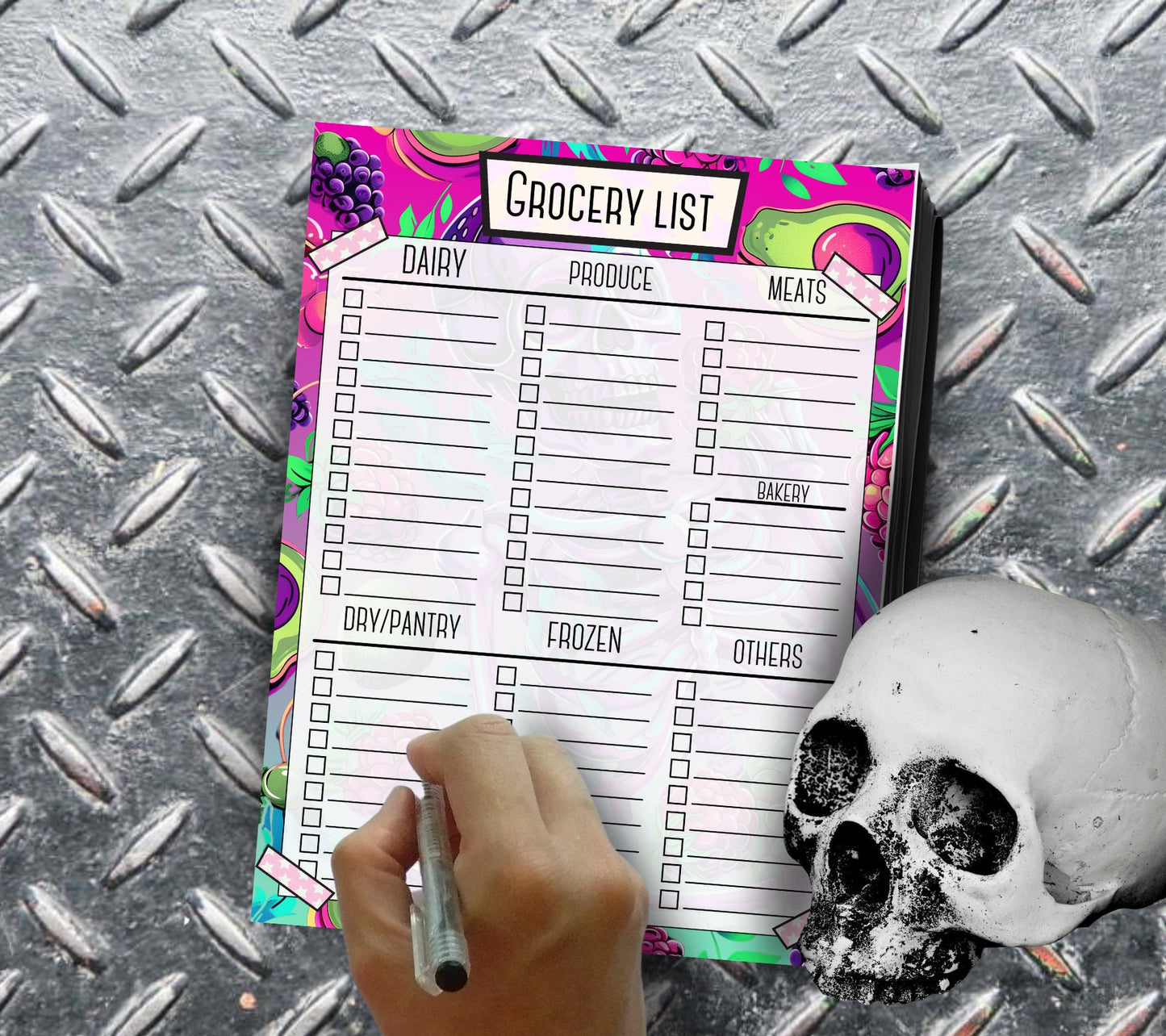 Skull Fruits Grocery List, Shopping Organization Notepad, Goth Stationery for Grocery Store Management