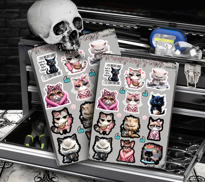 Angry/Grumpy Cartoon Cats Sticker Sheets for Collecting and Scrapbooking - High-Quality, Vibrant Designs, Perfect Budget Friendly Gifts