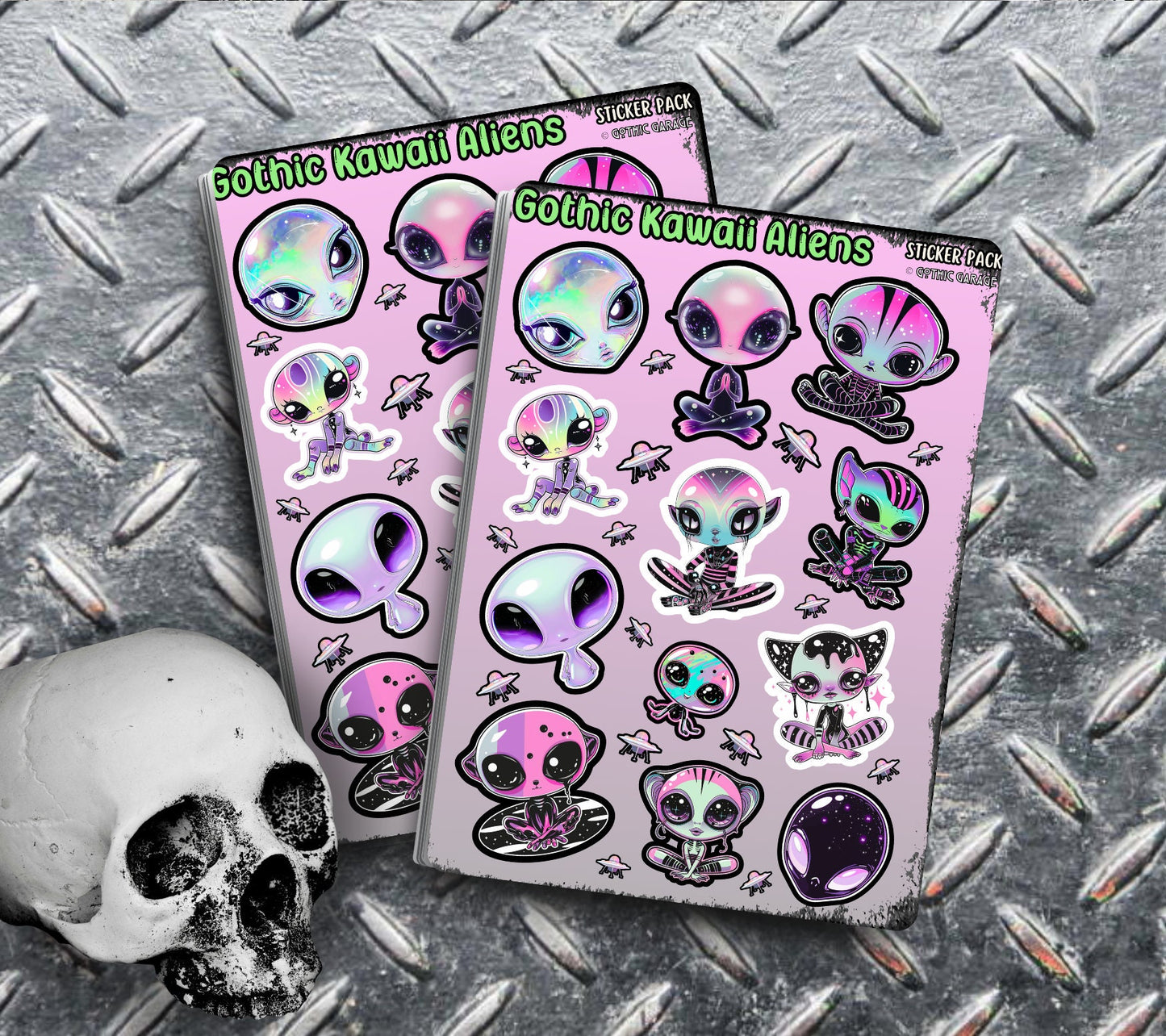 Gothic Kawaii Aliens Sticker Sheets for Collecting and Scrapbooking - High-Quality, Vibrant Designs, Perfect Budget Friendly Gifts