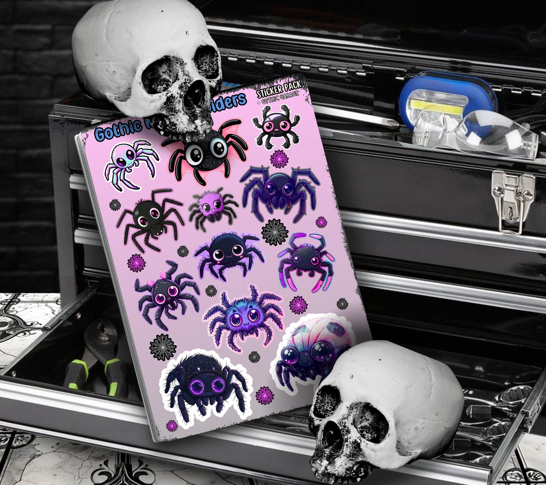 Gothic Kawaii Spiders Sticker Sheets for Collecting and Scrapbooking - High-Quality, Vibrant Designs, Perfect Budget Friendly Gifts