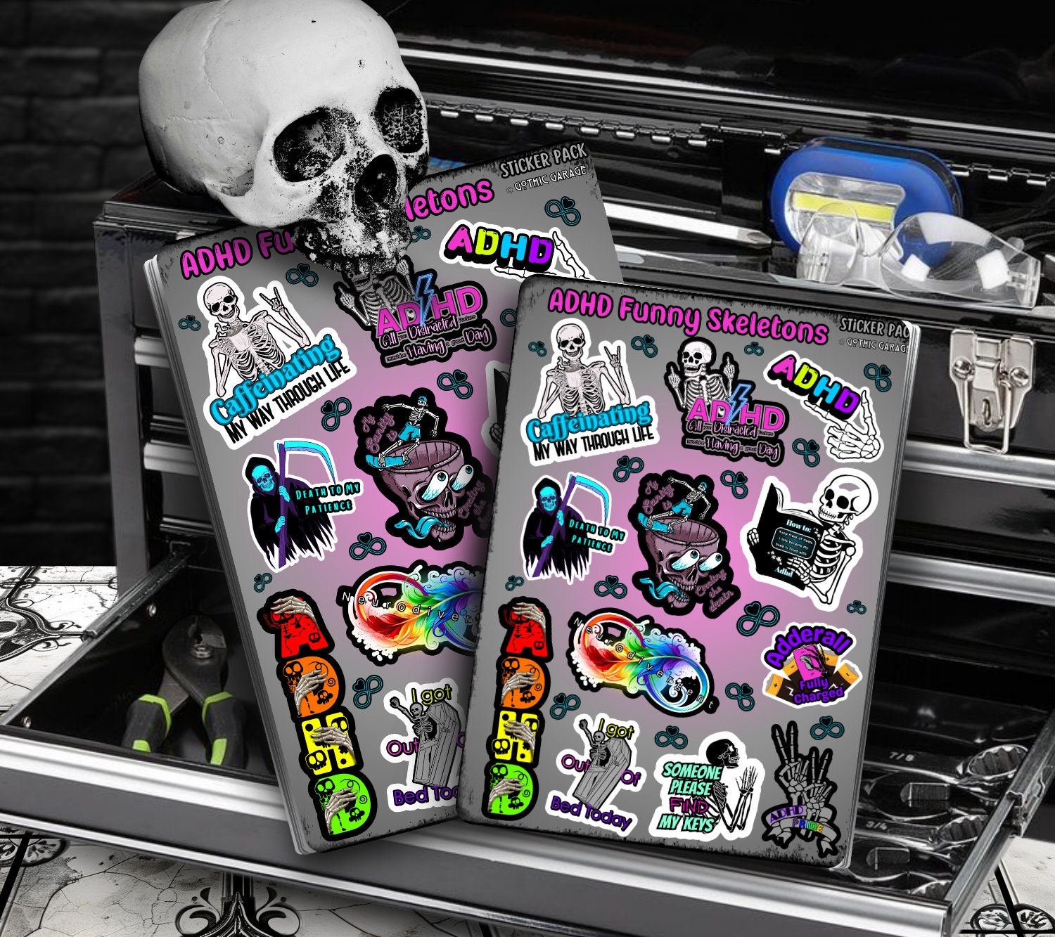 ADHD & Neurodivergent Funny Skeletons Sticker Sheet, Budget Friendly Gift for Friends, Collecting and Scrapbooking