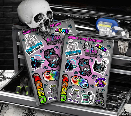 ADHD & Neurodivergent Funny Skeletons Sticker Sheet, Budget Friendly Gift for Friends, Collecting and Scrapbooking