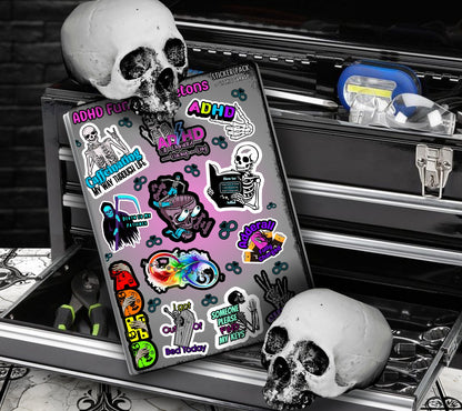 ADHD & Neurodivergent Funny Skeletons Sticker Sheet, Budget Friendly Gift for Friends, Collecting and Scrapbooking