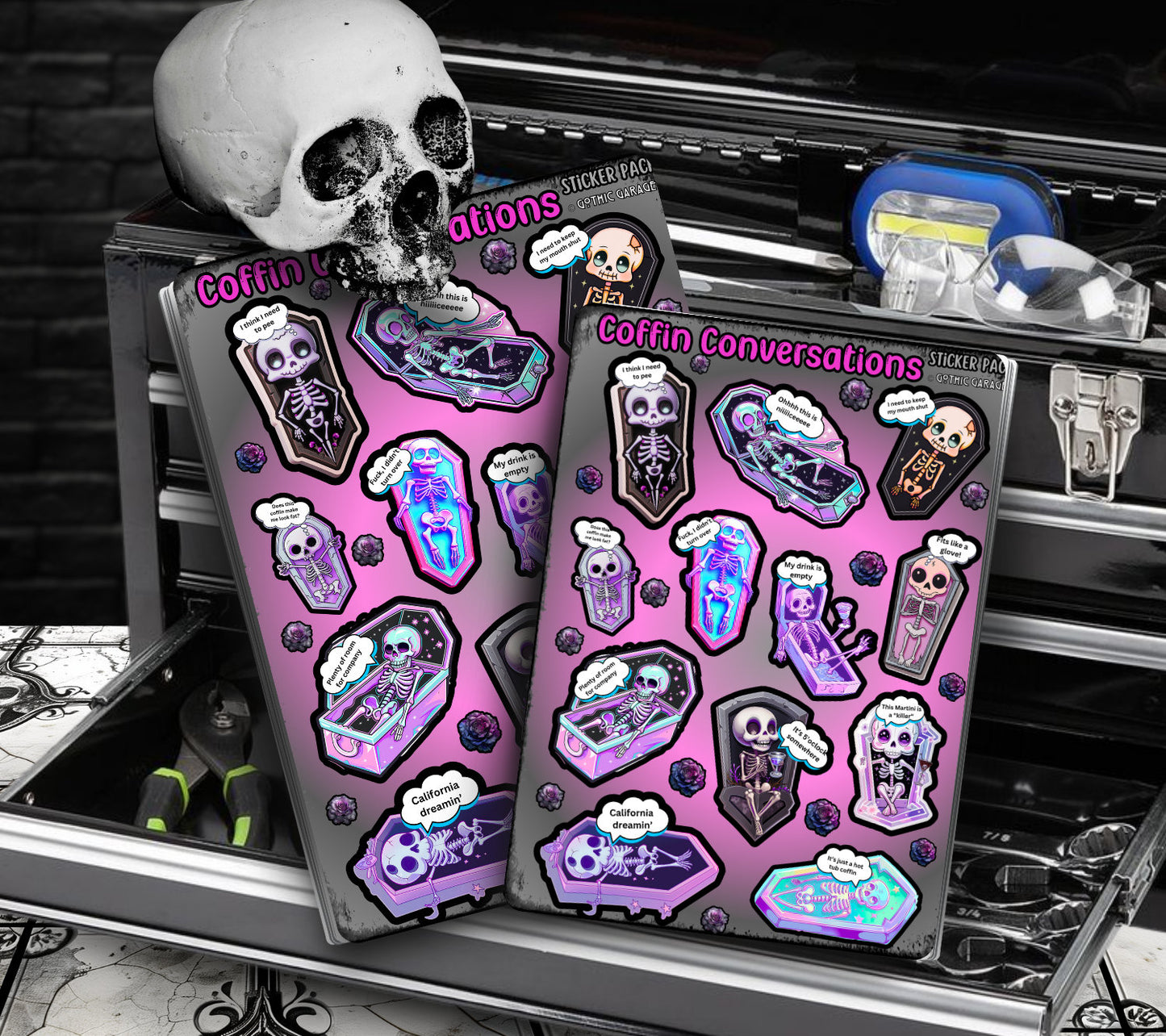 Coffin Skeletons, Funny Conversation Sticker Sheets for Collecting & Scrapbooking - High-Quality, Vibrant Designs