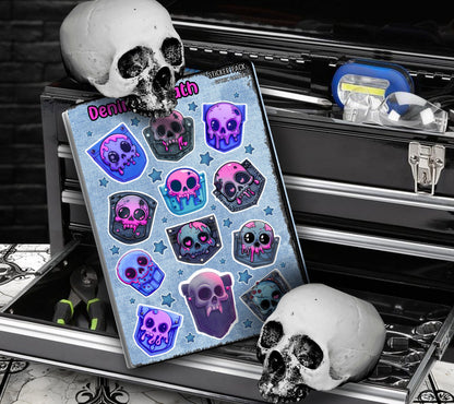 Denim & Dead Kawaii Skulls Sticker Sheets for Collecting and Scrapbooking - High-Quality, Vibrant Designs, Perfect Budget Friendly Gifts