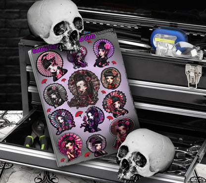 Gothic Kawaii Geisha Girls Sticker Sheets for Collecting and Scrapbooking - High-Quality, Vibrant Designs, Perfect Budget Friendly Gifts