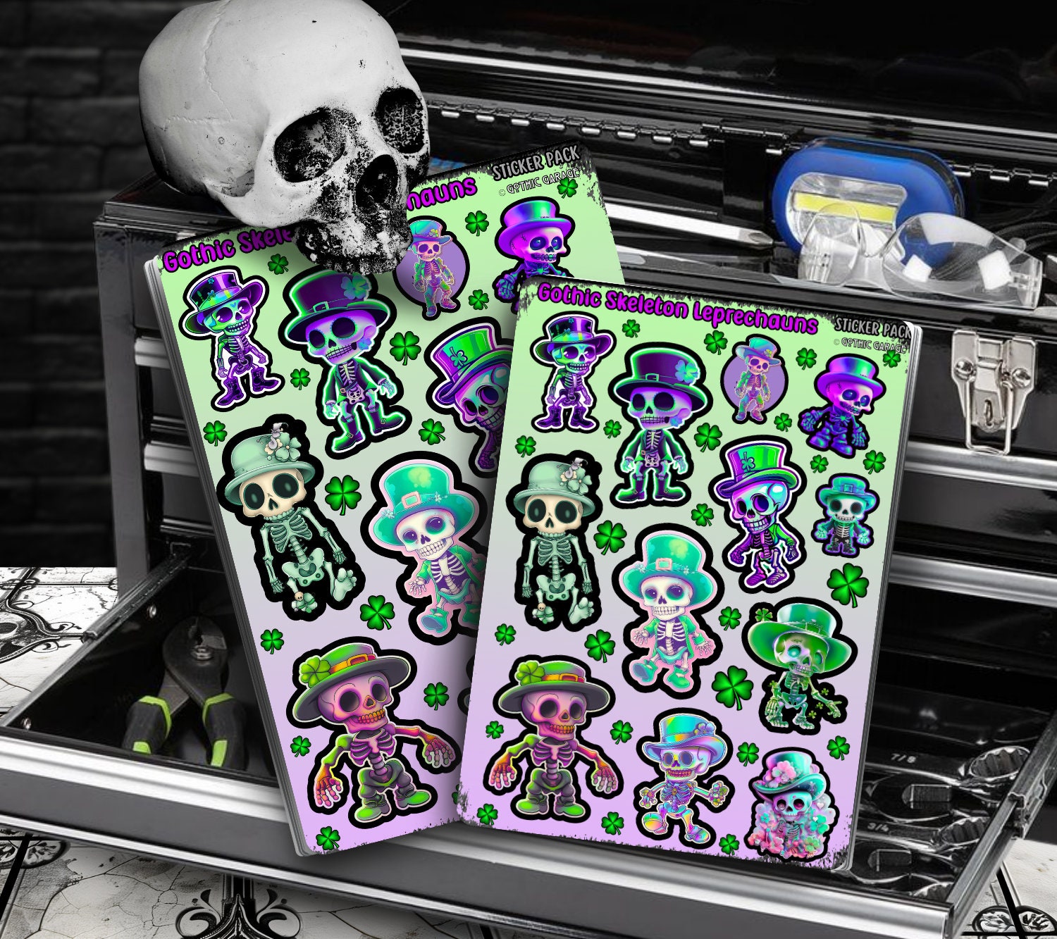 Gothic Kawaii Irish Skeletons Sticker Sheets for Collecting and Scrapbooking - High-Quality, Vibrant Designs, Perfect Budget Friendly Gifts