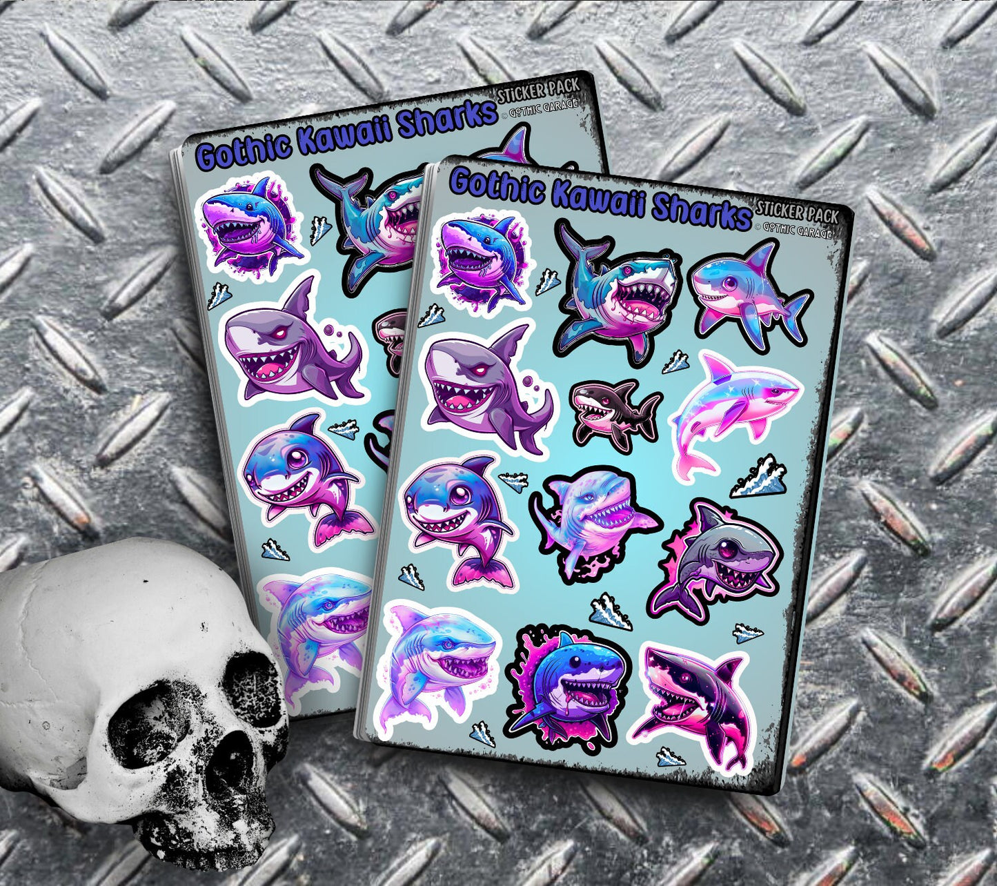 Gothic Kawaii Sharks Sticker Sheets for Collecting and Scrapbooking - High-Quality, Vibrant Designs, Perfect Budget Friendly Gifts